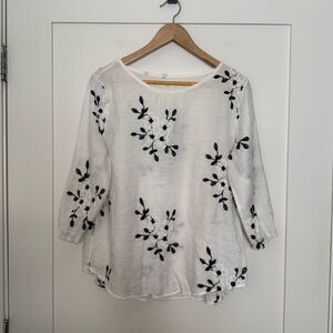 Kindred Top Blouse Womens Sz L White Navy Gauzy Floral Embroidered Boho Peasant